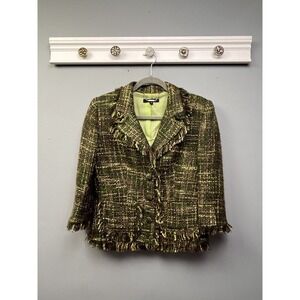 View Blazer Women 10 Green Yellow Tweed Boucle Fringe Trim Academic Jacket